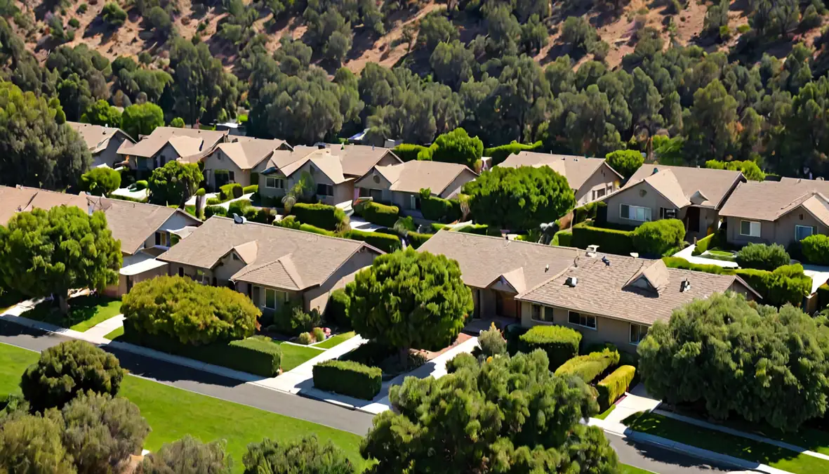 A wide view of Valley rooftops in strong summer heat haze with ridge vents visible along the roofline
