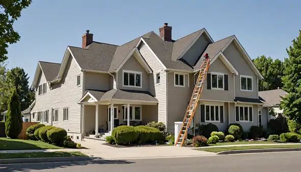 A wide view of a residential roof mid replacement with new underlayment exposed and materials staged