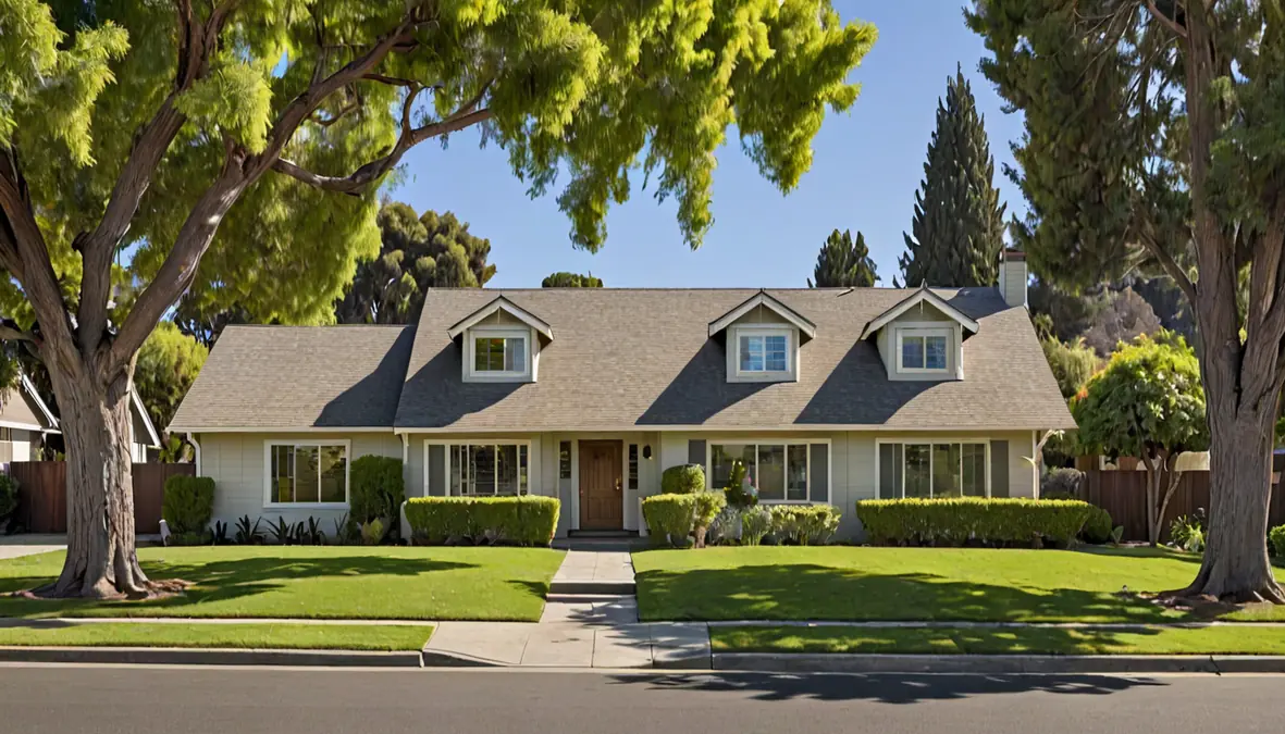 An aging asphalt shingle roof on a suburban California home viewed from across the street in flat daylight