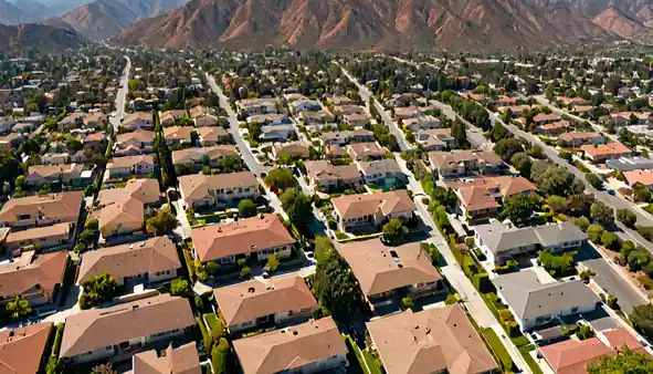 A wide aerial view across San Fernando Valley rooftops and streets on a clear day