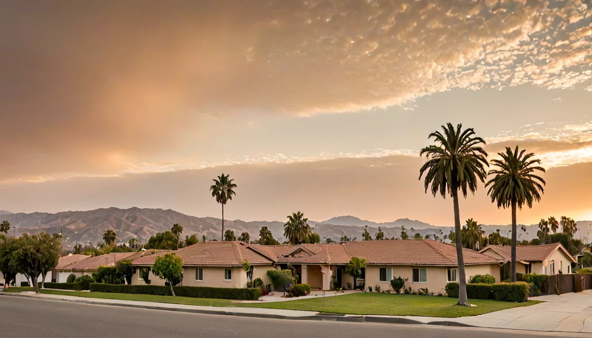 Wind driven palms and a residential roofline under a hazy Santa Ana sky in the San Fernando Valley