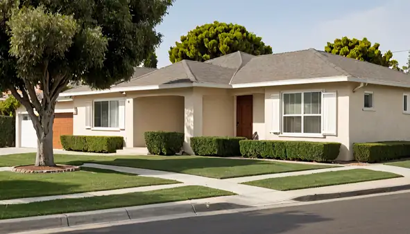 A wide view of two neighboring Valley homes with different shingle colors under clear daylight