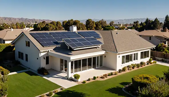 A wide view of a Southern California home with solar panels mounted on a shingle roof in afternoon light