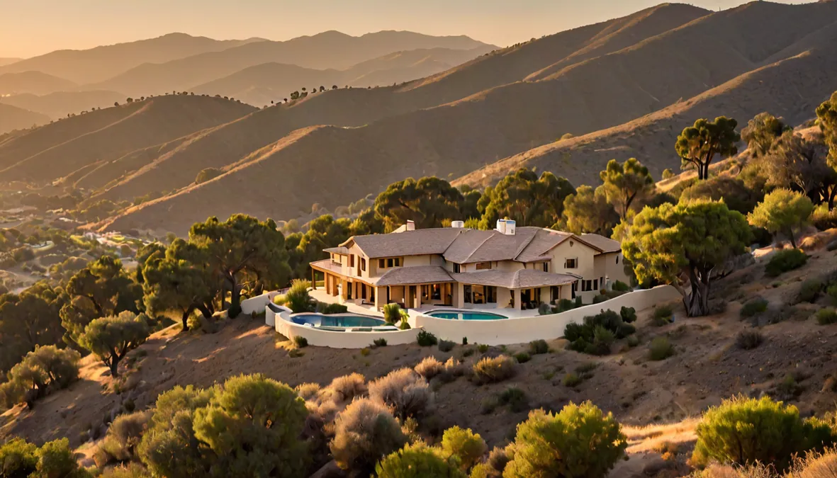 A hillside home at the edge of dry California chaparral with a fire resistant tile roof, seen from a distance