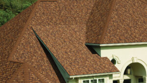 close-up view of red-toned asphalt shingle roof
