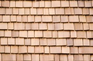 close-up view of cedar shake roofing